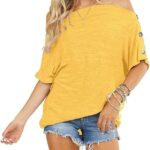 INFITTY Womens Summer Casual Short Sleeve Button Down Tunic Tops Yellow L, Yellow, L