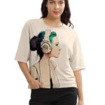Beige Printed Loose Fit Crew-Neck Crop T-Shirt for Women
