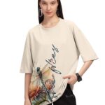 HELLCAT Beige Trendy Printed Oversized T-Shirt for Women