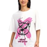 JUNEBERRY® 100% Pure Cotton Oversized Loose Baggy Fit Drop Shoulder Half Sleeve Round Neck Cool Front Teddy Printed Cork & White T-Shirt for Women