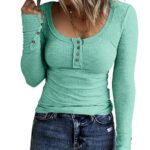 Kinlonsair Women?s Long Sleeve Henley T Shirts Button Down Slim Fit Tops Scoop Neck Ribbed Knit Shirts