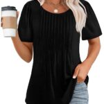 OFEEFAN Womens T Shirts Short Sleeve Pleated Dressy Casual Scooped Neck Summer Tops Blouses