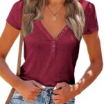 PRETTYGARDEN Women's Summer Casual Henley Shirts Short Sleeve V Neck Button Up Ribbed Knit Sexy Slim Fit Basic Tops