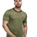 THINK IT UP! Men's Athletic T-Shirt! Olive Green & Teal Blue Melange! Black Ringer Neck! Sports Logo