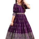 White Button New Wine Ethnic Long Party Kids Gown for Girls Maxi Dress