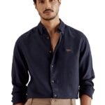Andamen Navy Men's Linen Button Down Slim Fit Shirt (Navy)