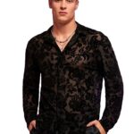 WDIRARA Men's See Through Mesh Shirt Collared Long Sleeve Textured Shirt Tops