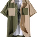 Floerns Men's Color Block Short Sleeve Collar Neck Button Down Shirt Top