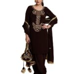 Women's Dark Brown Farshi Salwar suit with Dupatta | Crepe Silk | Mulcotton Dupatta | Golden Hand Embroidery