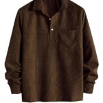 ZAFUL Men's Corduroy Shirts Solid Color 2024 Fall Half Button Long Sleeves Polo Shirt Casual Work Collared