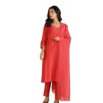 Fabindia Red Cotton Silk Embroidered Kurta Pant & Dupatta Set