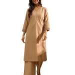 Fabindia Beige Cotton Silk Embroidered Slim Fit Dupatta & Kurta Set