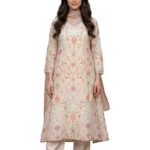 W for Woman Floral Printed Tissue A-Line Kurta with Straight Pant and Dupatta Set
